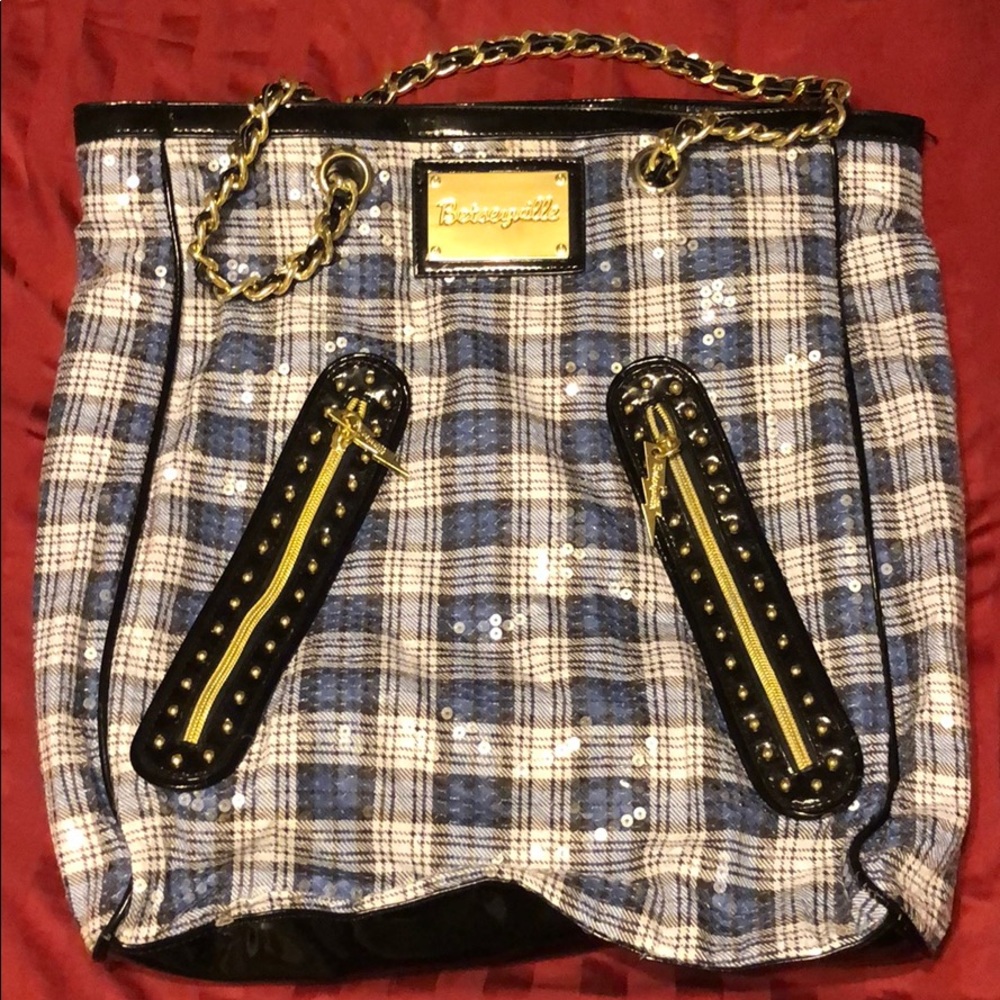 Betsey Johnson plaid sequin tote bag blue